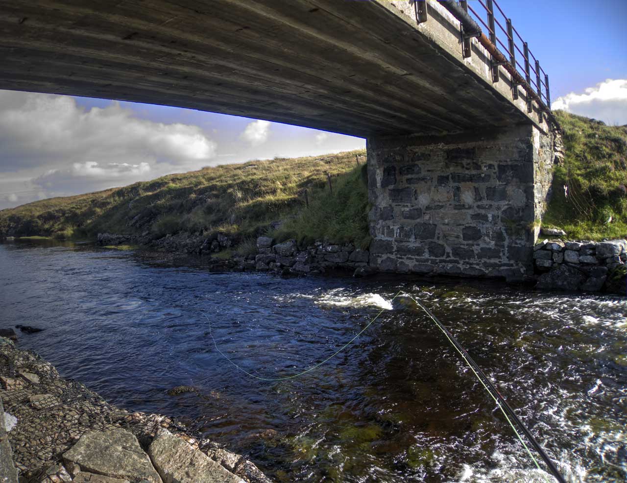 Fishing for salmon in the shadow of a bridge